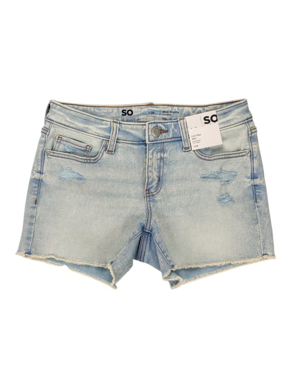 SO Low Rise Midi Denim Shorts Distressed 4" Inseam Womens Size 28 Light Wash NWT